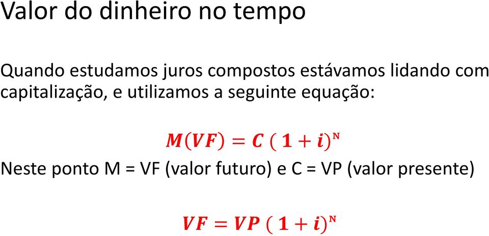 utilizamos a seguinte equação: M VF = C ( 1 + i)ᶰ Neste