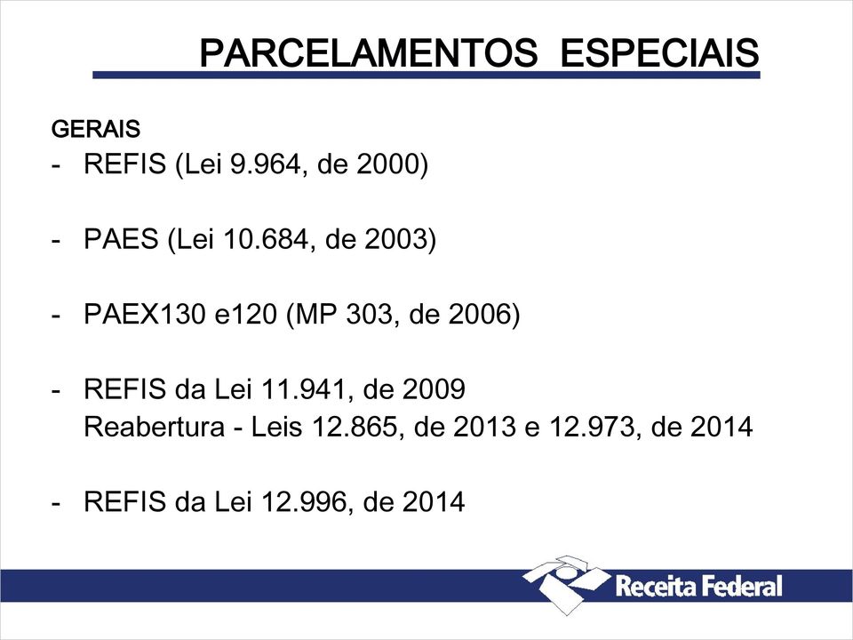 684, de 2003) - PAEX130 e120 (MP 303, de 2006) - REFIS da