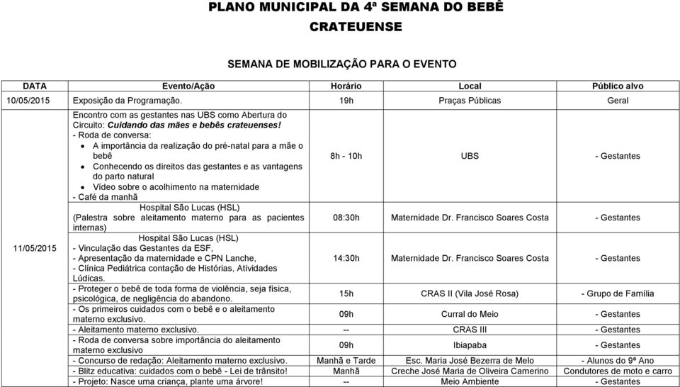 - Roda de conversa: A importância da realização do pré-natal para a mãe o bebê 8h - 10h UBS - Gestantes Conhecendo os direitos das gestantes e as vantagens do parto natural Vídeo sobre o acolhimento