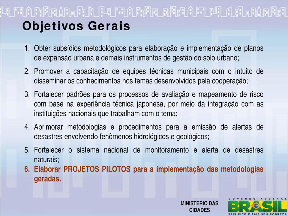 Fortalecer padrões para os processos de avaliação e mapeamento de risco com base na experiência técnica japonesa, por meio da integração com as instituições nacionais que trabalham com o tema; 4.