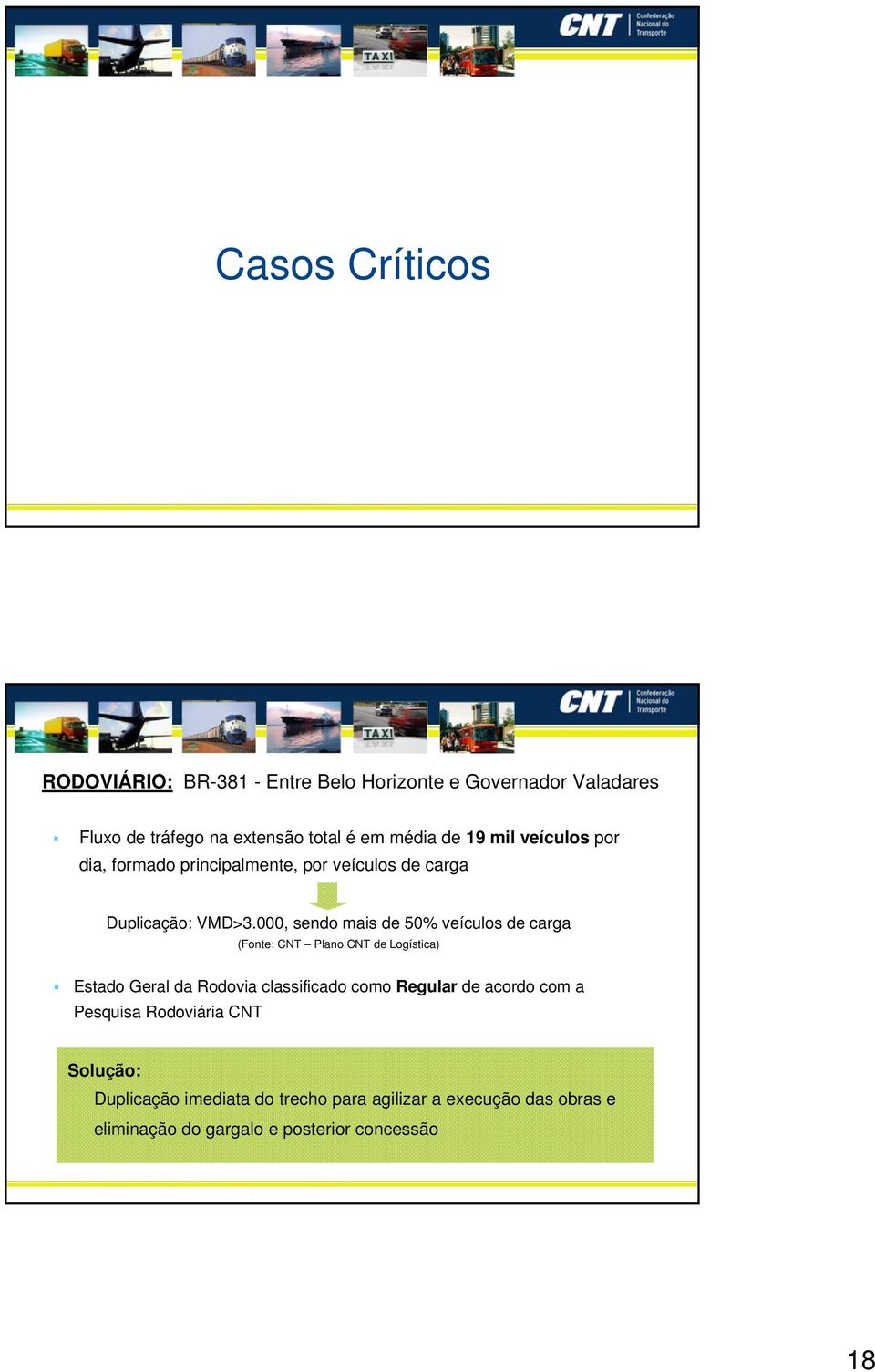 000, sendo mais de 50% veículos de carga (Fonte: CNT Plano CNT de Logística) Estado Geral da Rodovia classificado como Regular