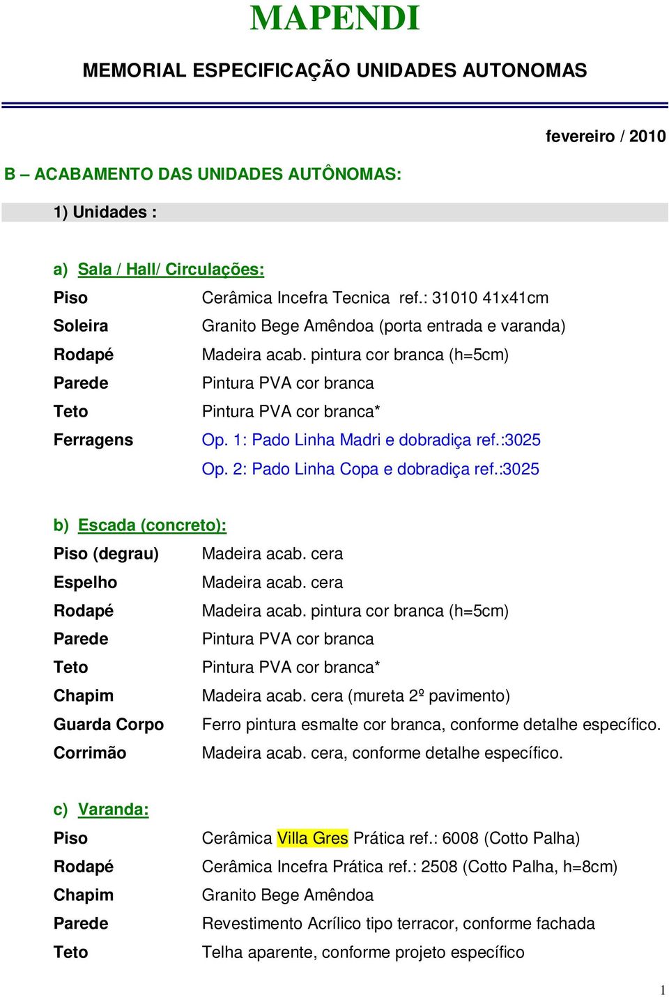 cera (mureta 2º pavimento) Guarda Corpo Ferro pintura esmalte cor branca, conforme detalhe específico. Corrimão Madeira acab. cera, conforme detalhe específico.