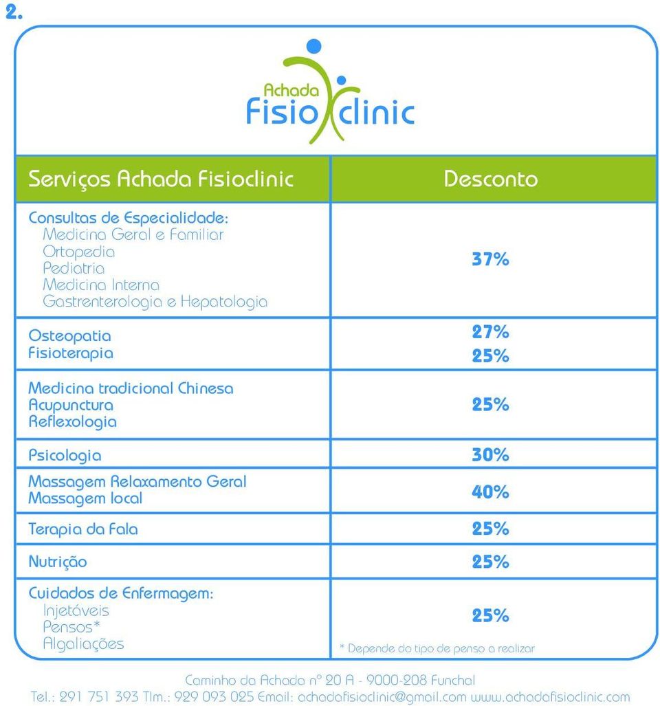 Geral Massagem local 40% Terapia da Fala 25% Nutrição 25% Cuidados de Enfermagem: Injetáveis Pensos* Algaliações 25% * Depende do tipo de penso