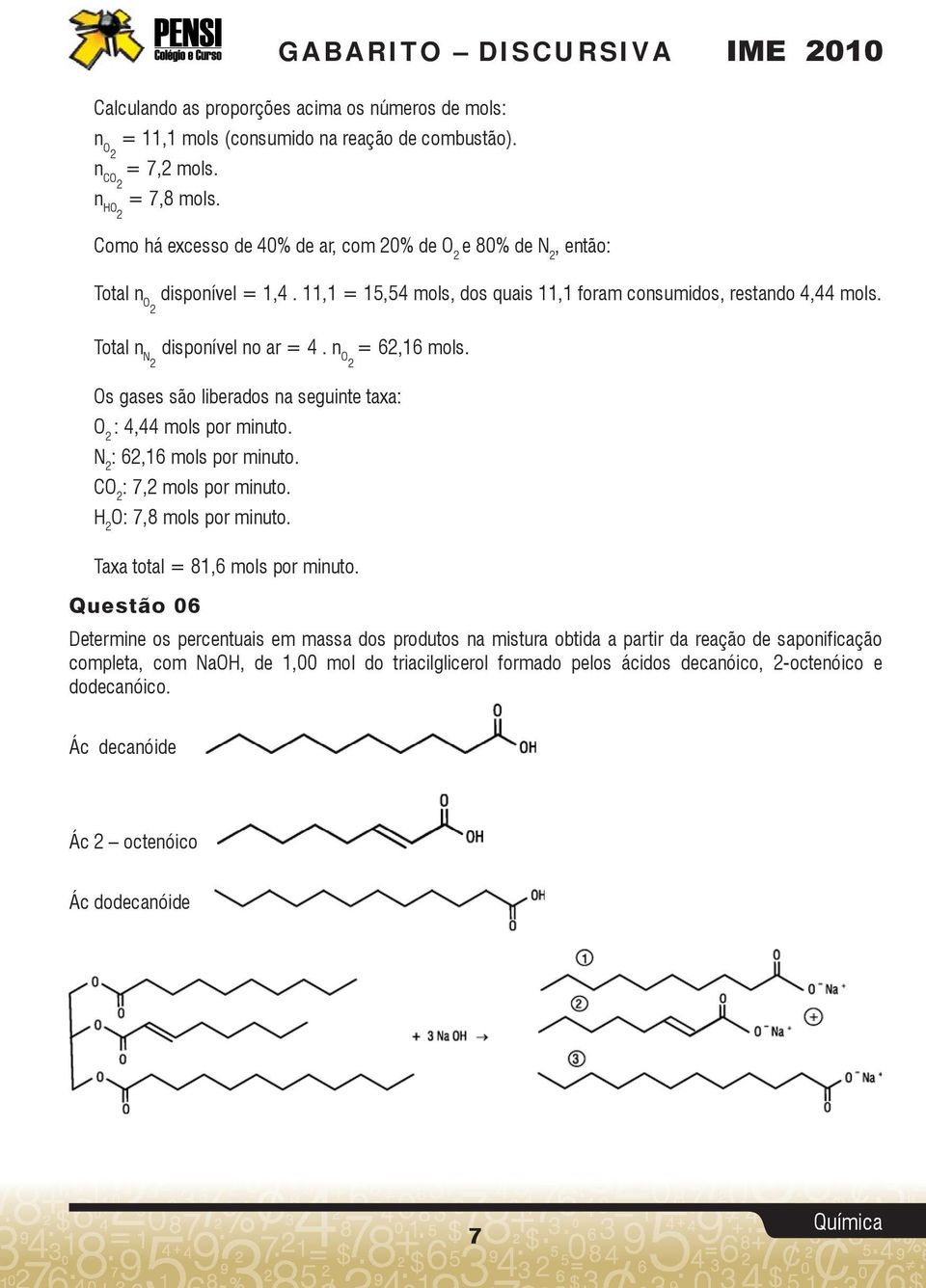 n O = 6,16 mols. Os gases são liberados na seguine axa: O : 4,44 mols por minuo. N : 6,16 mols por minuo. CO : 7, mols por minuo. H O: 7,8 mols por minuo. Taxa oal = 81,6 mols por minuo.