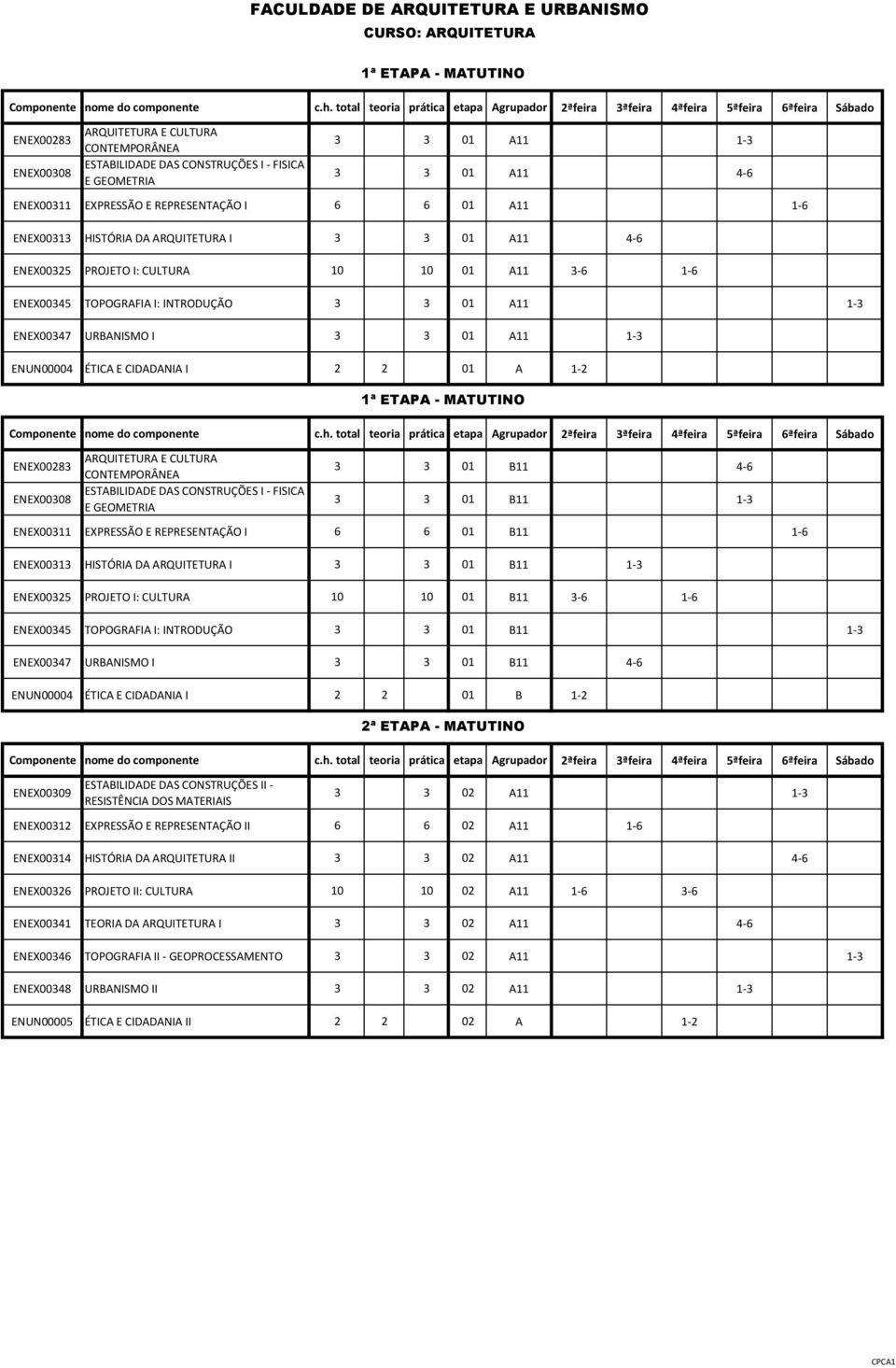 ÉTICA E CIDADANIA I 2 2 01 A 1-2 ENEX00283 ARQUITETURA E CULTURA CONTEMPORÂNEA ENEX00308 ESTABILIDADE DAS CONSTRUÇÕES I - FISICA E GEOMETRIA 3 3 01 B11 4-6 3 3 01 B11 1-3 ENEX00311 EXPRESSÃO E