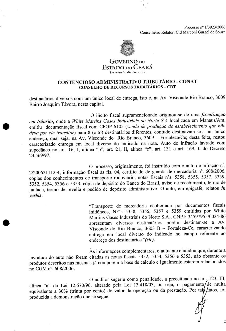 A localizada em Manaus/ Am, emitiu documentação fiscal com CFOP 6105 (venda de produção do estabelecimento que não deva por ele transitar) para 8 (oito) destinatários diferentes, contudo