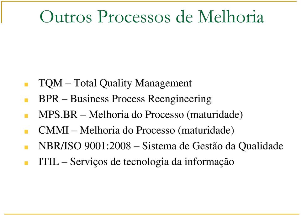 BR Melhoria do Processo (maturidade) CMMI Melhoria do Processo