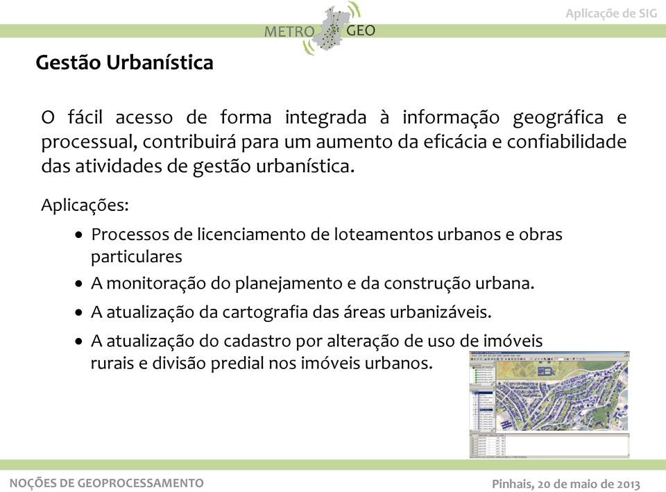 Aplicações: Processos de licenciamento de loteamentos urbanos e obras particulares A monitoração do planejamento e da