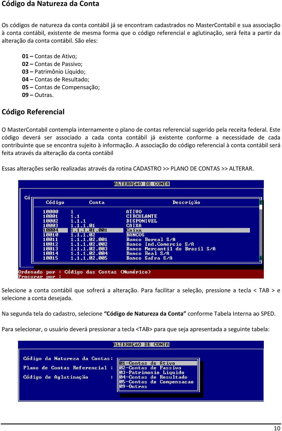 São eles: 01 Contas de Ativo; 02 Contas de Passivo; 03 Patrimônio Líquido; 04 Contas de Resultado; 05 Contas de Compensação; 09 Outras.