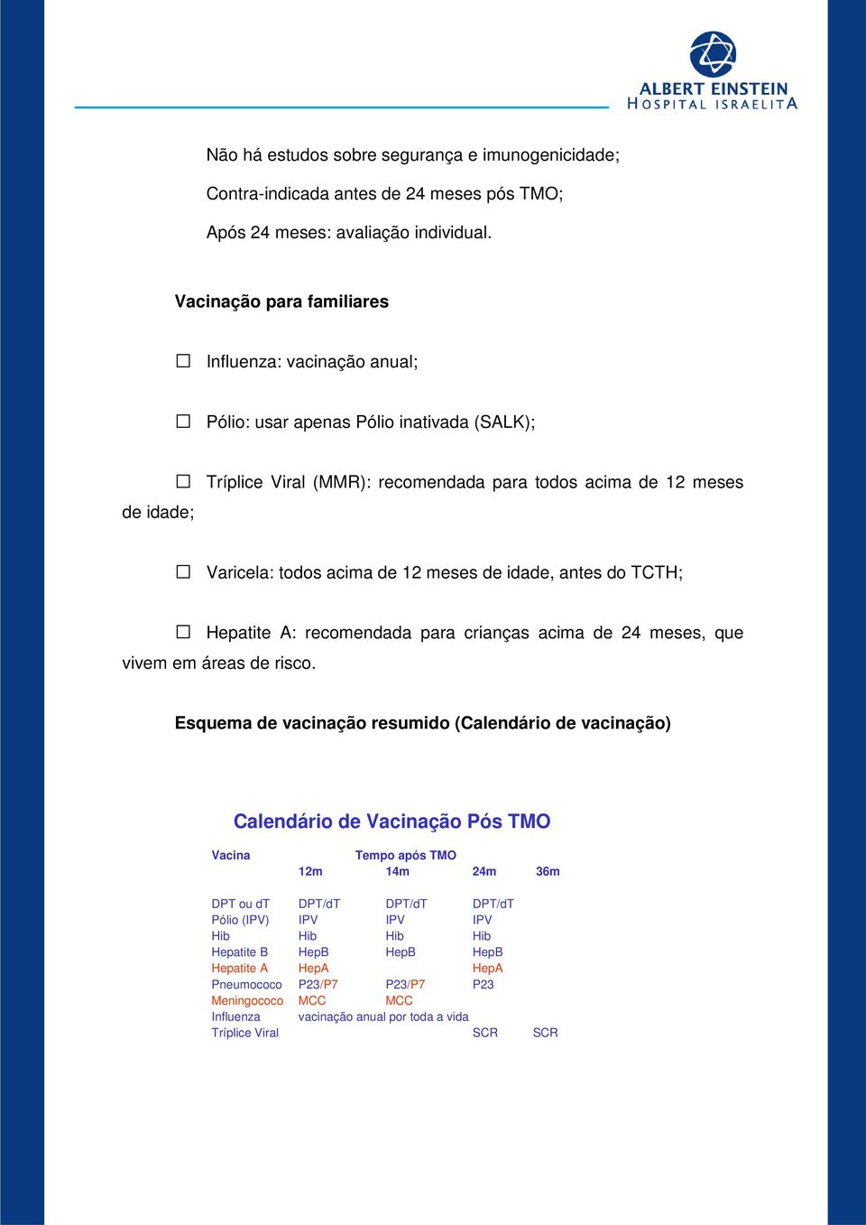 meses de idade, antes do TCTH; Hepatite A: recomendada para crianças acima de 24 meses, que vivem em áreas de risco.