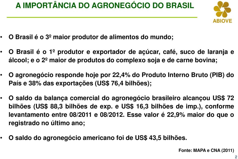 (US$ 76,4 bilhões); O saldo da balança comercial do agronegócio brasileiro alcançou US$ 72 bilhões (US$ 88,3 bilhões de exp. e US$ 16,3 bilhões de imp.