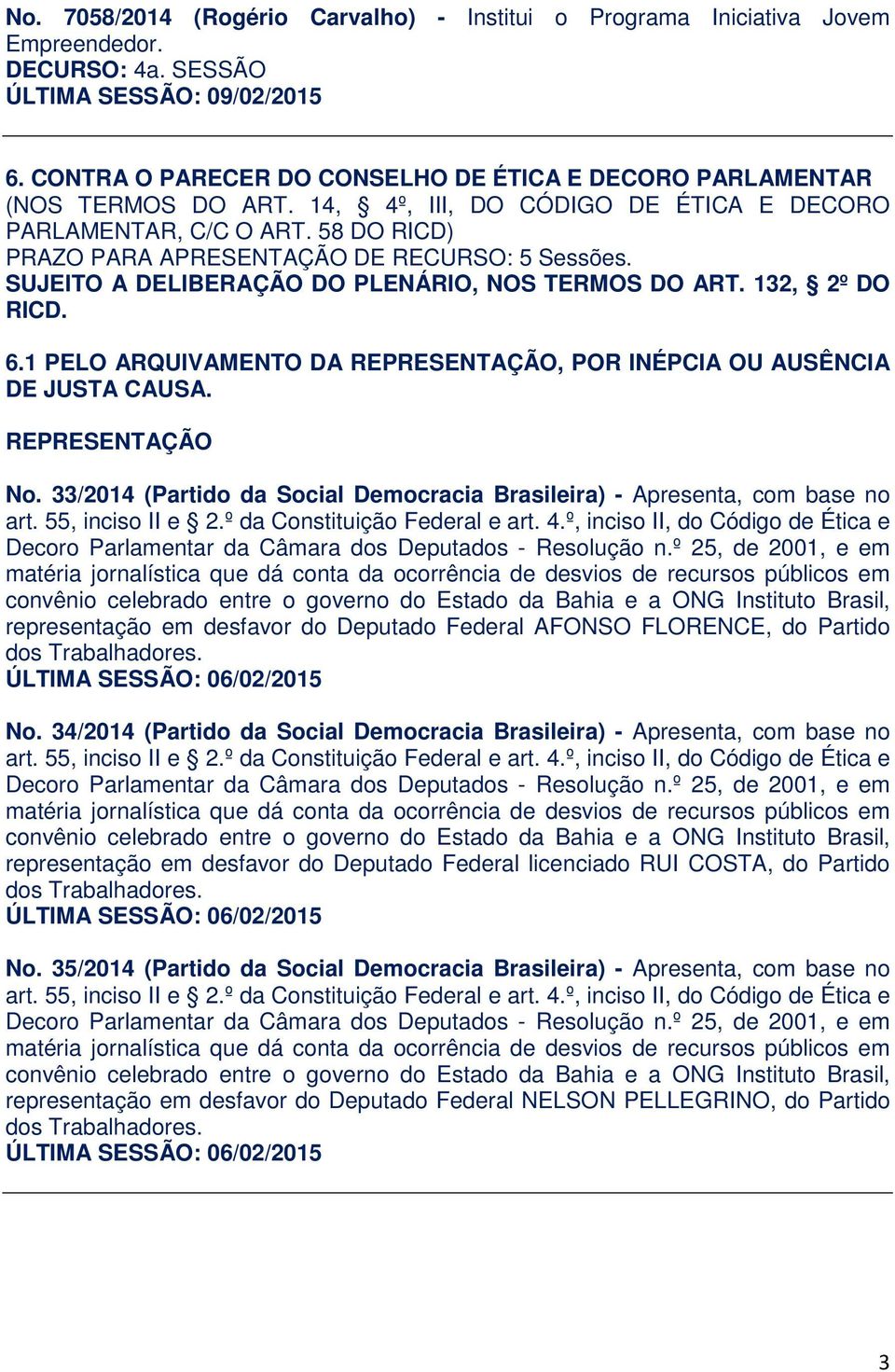 58 DO RICD) PRAZO PARA APRESENTAÇÃO DE RECURSO: 5 Sessões. SUJEITO A DELIBERAÇÃO DO PLENÁRIO, NOS TERMOS DO ART. 132, 2º DO RICD. 6.