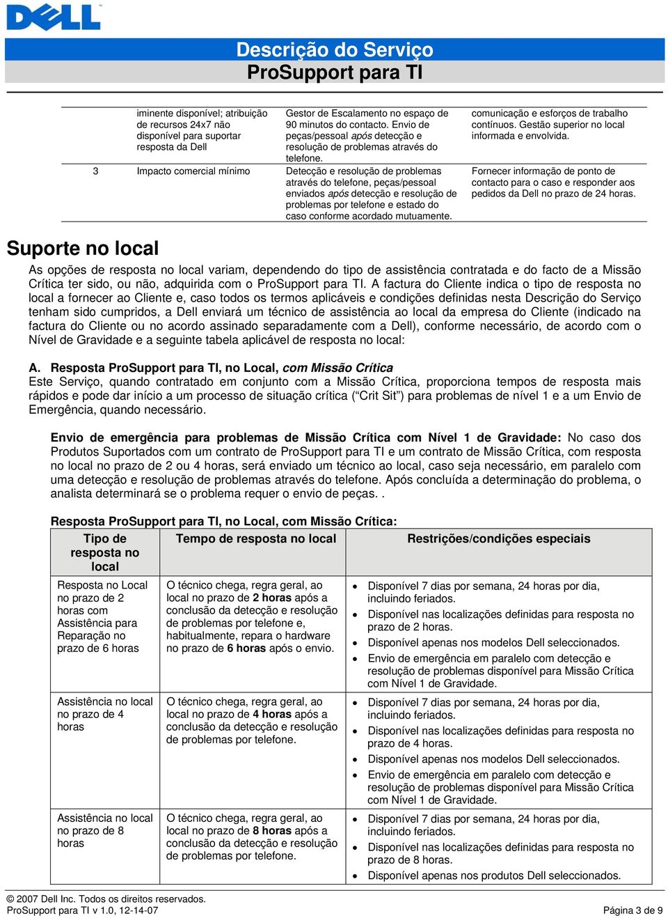 3 Impacto comercial mínimo Detecção e resolução de problemas através do telefone, peças/pessoal enviados após detecção e resolução de problemas por telefone e estado do caso conforme acordado