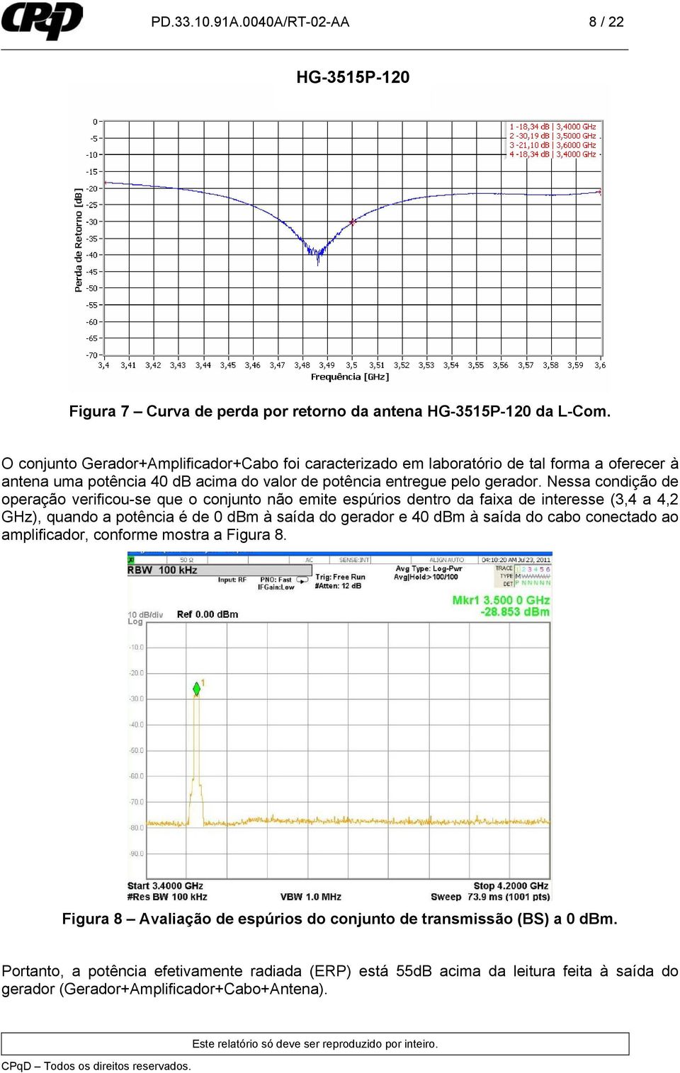 Nessa condição de operação verificou-se que o conjunto não emite espúrios dentro da faixa de interesse (3,4 a 4,2 GHz), quando a potência é de 0 dbm à saída do gerador e 40 dbm à saída