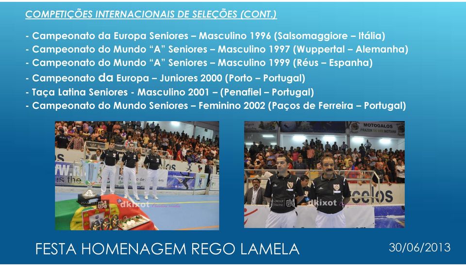 Masculino 1997 (Wuppertal Alemanha) - Campeonato do Mundo A Seniores Masculino 1999 (Réus Espanha) -