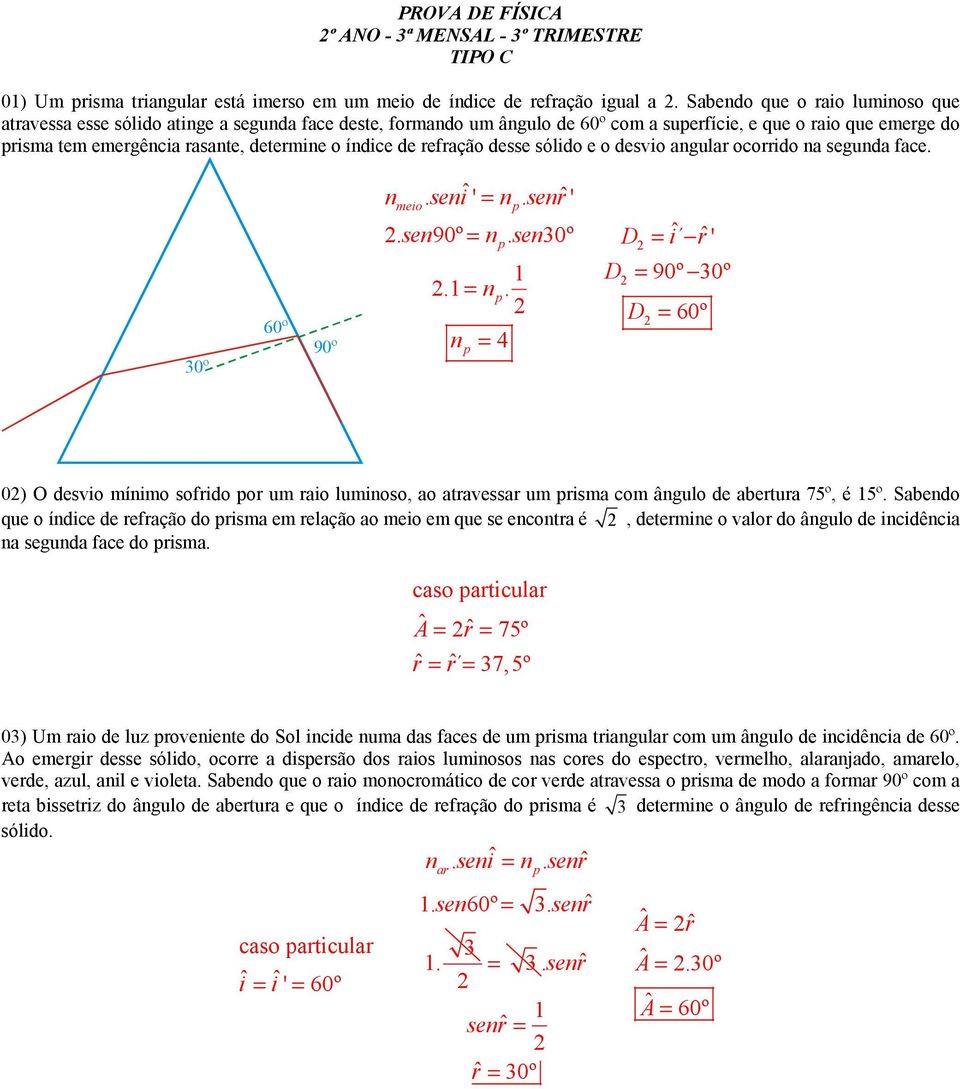 sólido e o desvio agul ocorrido a seguda face. 0º 90º eio. seiˆ. serˆ. se90º. se0º.. 4 D D iˆ rˆ 90º 0º D 0) O desvio íio sofrido or u raio luioso, ao atravess u risa co âgulo de abertura 75º, é 5º.