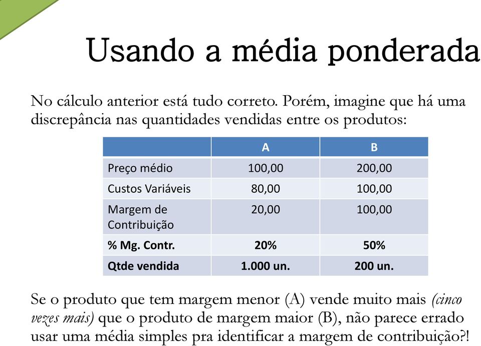 Variáveis 80,00 100,00 Margem de Contribuição Se o produto que tem margem menor (A) vende muito mais (cinco vezes mais)