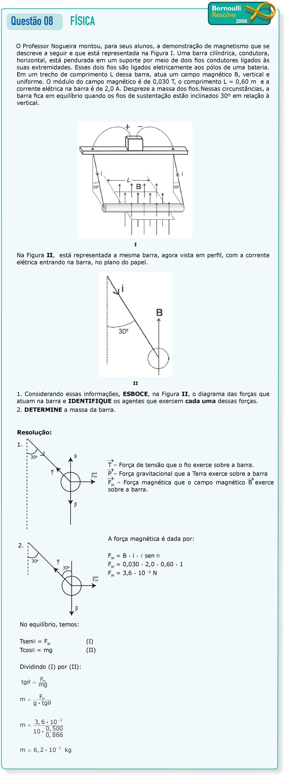 Esses dois fios são ligados eletricamente aos pólos de uma bateria. Em um trecho de comprimento L dessa barra, atua um campo magnético B, vertical e uniforme.