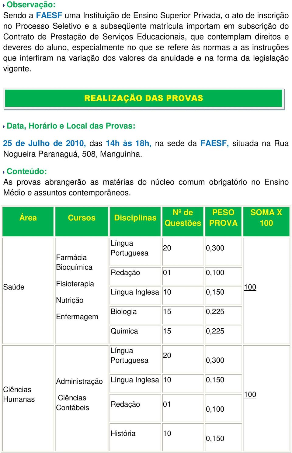 REALIZAÇÃO DAS PROVAS Data, Horário e Local das Provas: 25 de Julho de 2010, das 14h às 18h, na sede da FAESF, situada na Rua Nogueira Paranaguá, 508, Manguinha.
