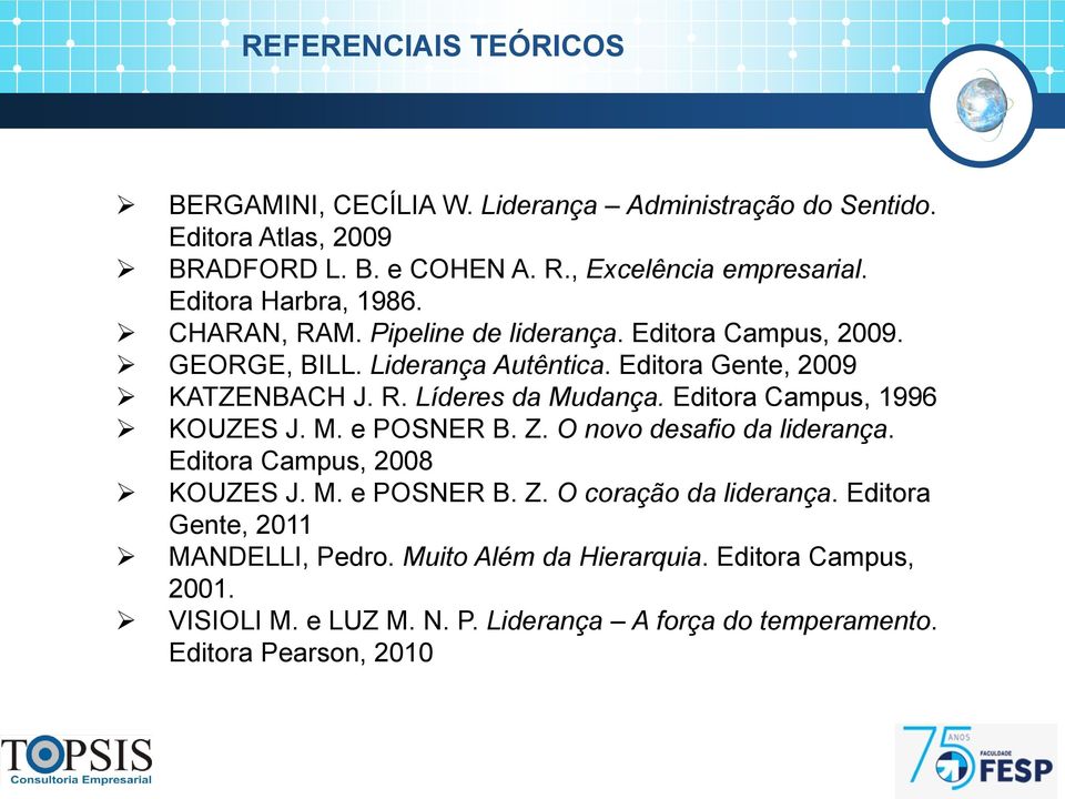 Editora Campus, 1996 KOUZES J. M. e POSNER B. Z. O novo desafio da liderança. Editora Campus, 2008 KOUZES J. M. e POSNER B. Z. O coração da liderança.