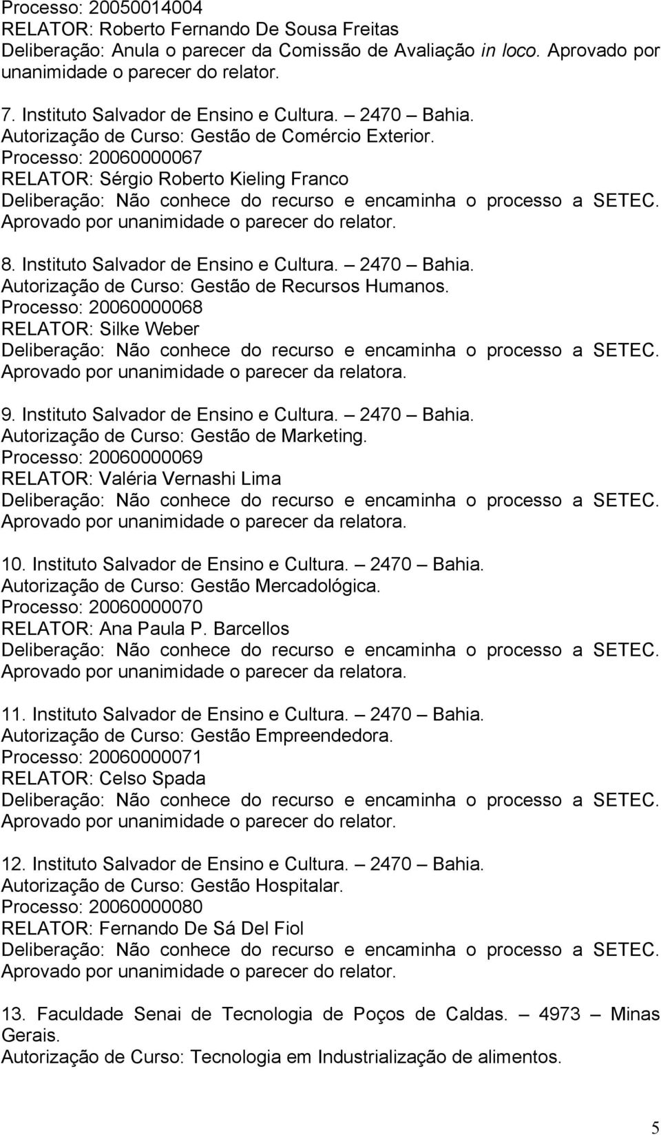 Processo: 20060000067 RELATOR: Sérgio Roberto Kieling Franco Aprovado por unanimidade o parecer do relator. 8. Instituto Salvador de Ensino e Cultura. 2470 Bahia.