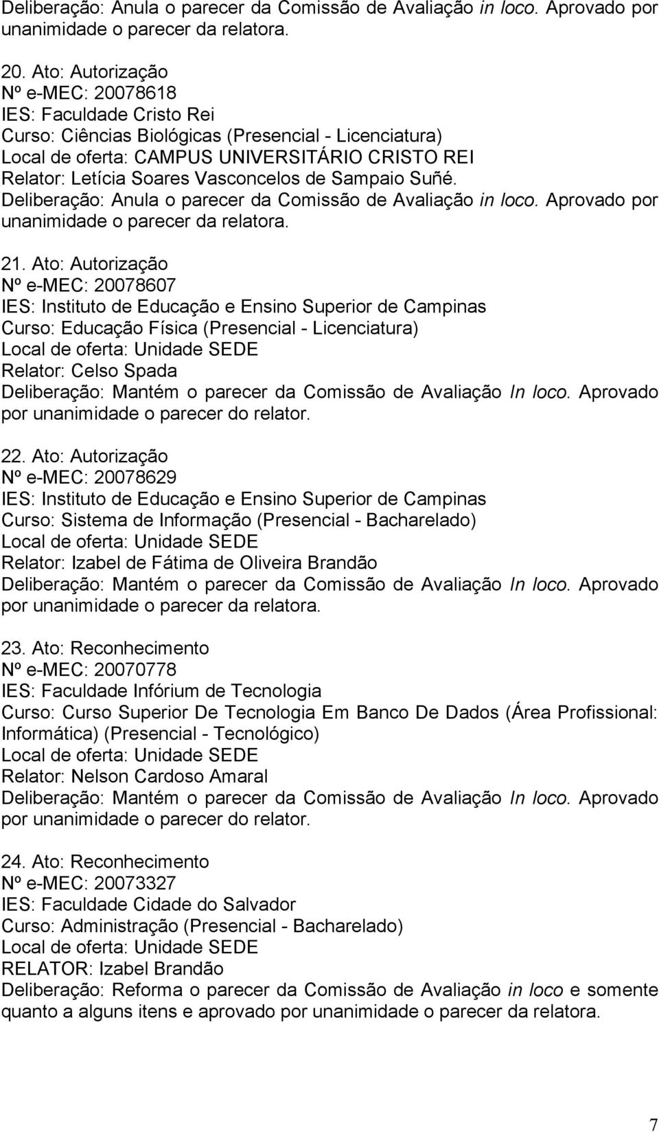 Vasconcelos de Sampaio Suñé. Deliberação: Anula o parecer da Comissão de Avaliação in loco. Aprovado por unanimidade o parecer da relatora. 21.