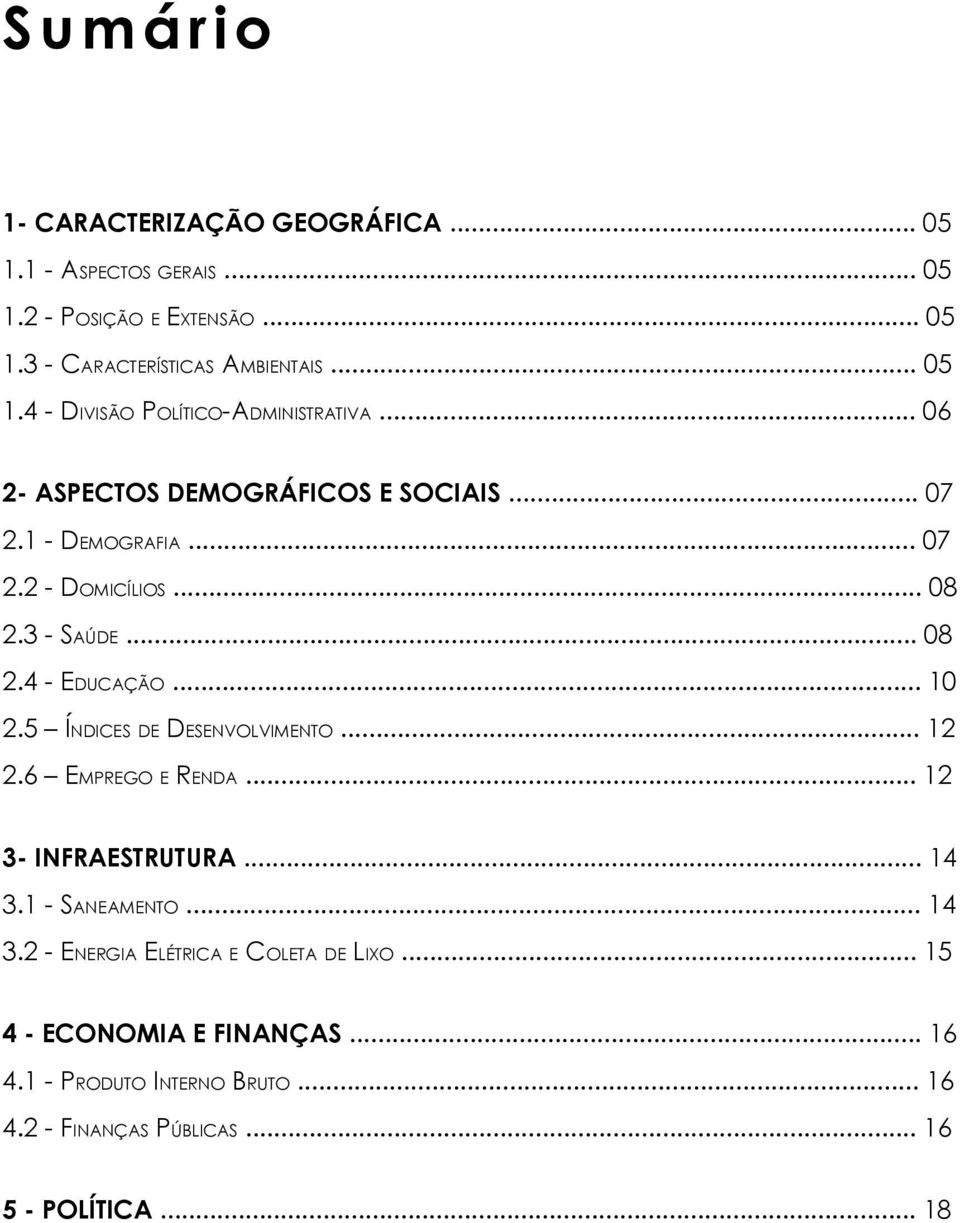 5 ÍNDICES DE DESENVOLVIMENTO... 12 2.6 EMPREGO E RENDA... 12 3- INFRAESTRUTURA... 14 3.1 - SANEAMENTO... 14 3.2 - ENERGIA ELÉTRICA E COLETA DE LIXO.