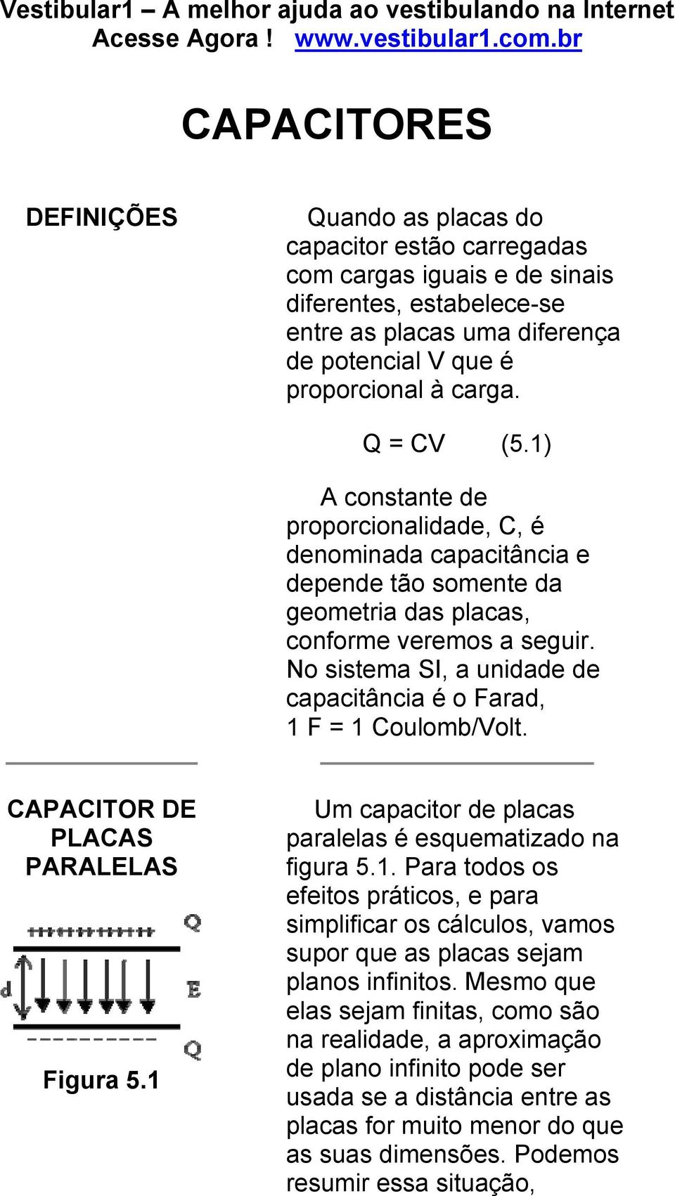 No sistema SI, a unidade de capacitância é o Farad, 1 F = 1 Coulomb/Volt. CAPACITOR DE PLACAS PARALELAS Figura 5.1 Um capacitor de placas paralelas é esquematizado na figura 5.1. Para todos os efeitos práticos, e para simplificar os cálculos, vamos supor que as placas sejam planos infinitos.