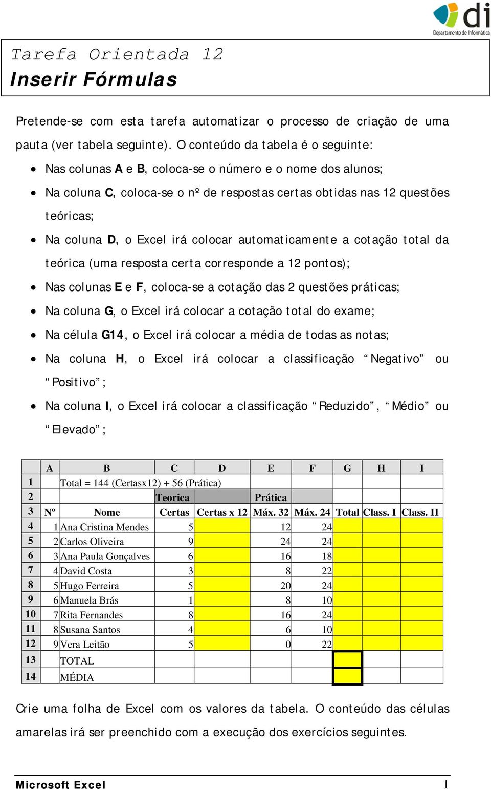 irá colocar automaticamente a cotação total da teórica (uma resposta certa corresponde a 12 pontos); Nas colunas E e F, coloca-se a cotação das 2 questões práticas; Na coluna G, o Excel irá colocar a