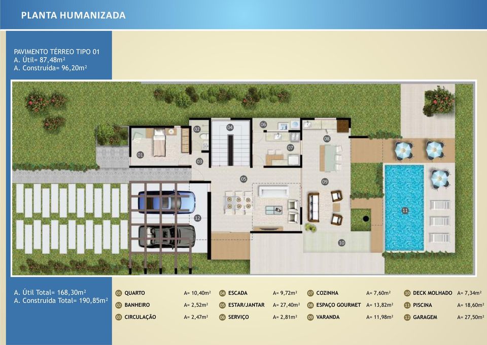 Construída Total= 190,85m² QUARTO BANHEIRO A= 10,40m² A= 2,52m² ESCADA ESTAR/JANTAR A= 9,72m²