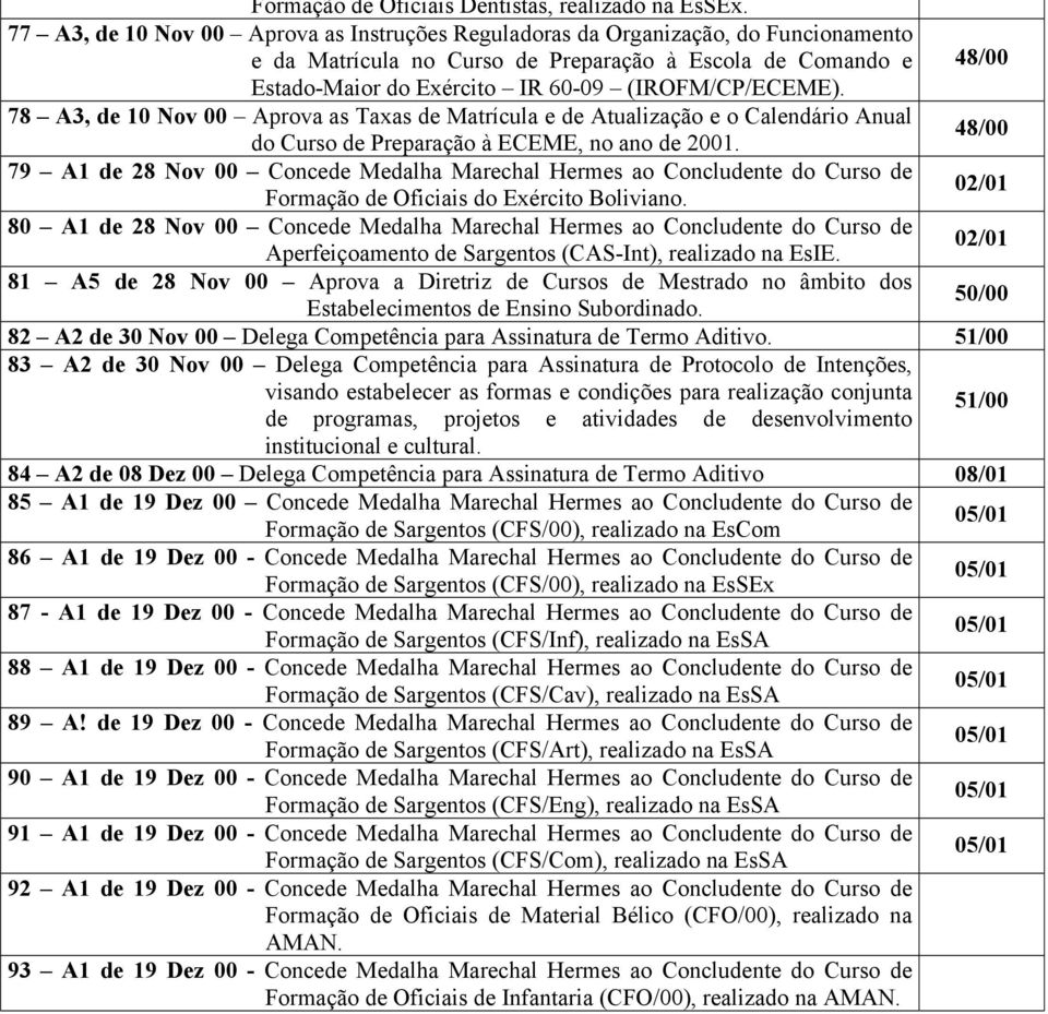 78 A3, de 10 Nov 00 Aprova as Taxas de Matrícula e de Atualização e o Calendário Anual do Curso de Preparação à ECEME, no ano de 2001.