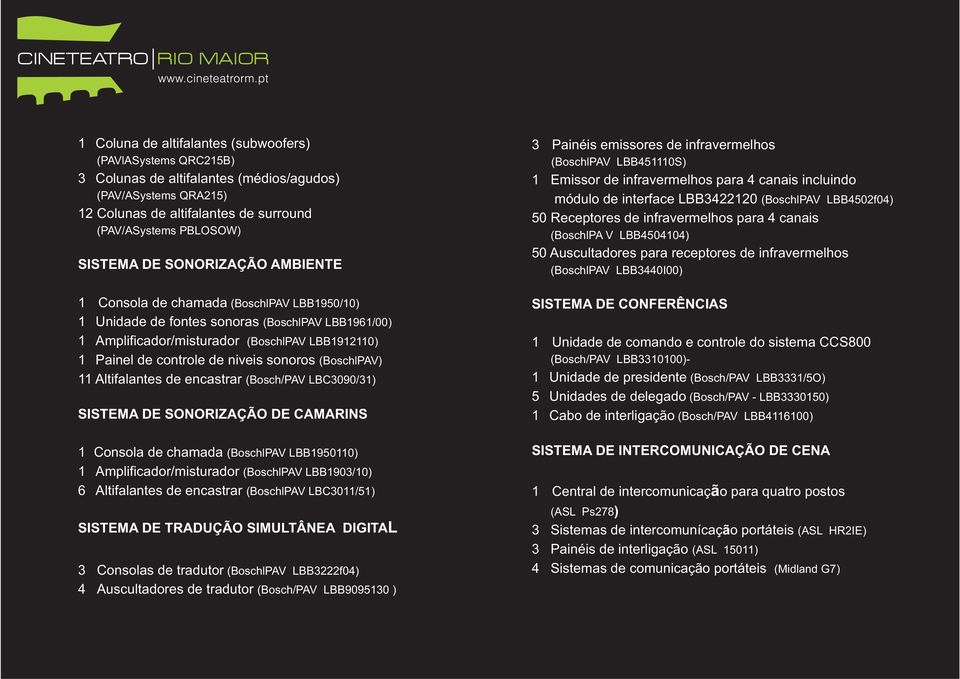 sonoros (BoschlPAV) 11 Altifalantes de encastrar (Bosch/PAV LBC3090/31) SISTEMA DE SONORIZAÇÃO DE CAMARINS 1 Consola de chamada (BoschlPAV LBB1950110) 1 Amplificador/misturador (BoschlPAV LBB1903/10)