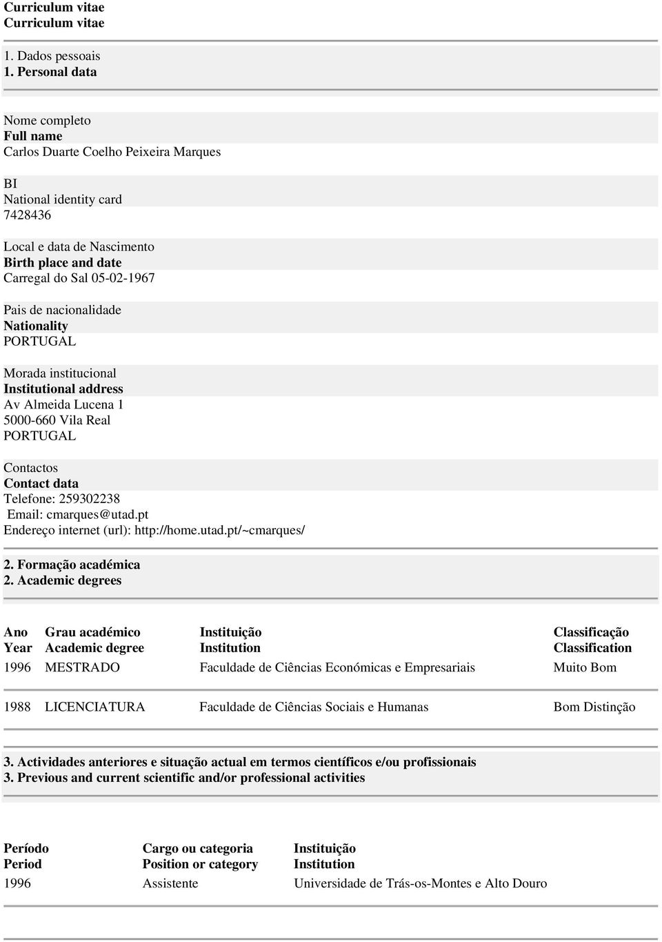 nacionalidade Nationality PORTUGAL Morada institucional Institutional address Av Almeida Lucena 1 5000-660 Vila Real PORTUGAL Contactos Contact data Telefone: 259302238 Email: cmarques@utad.