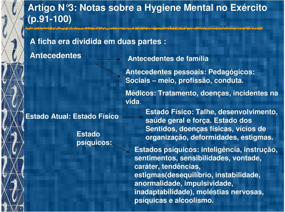 Estado Atual: Estado Físico Estado psíquicos: Médicos: Tratamento, doenças, incidentes na vida. Estado Físico: Talhe, desenvolvimento, saúde geral e força.