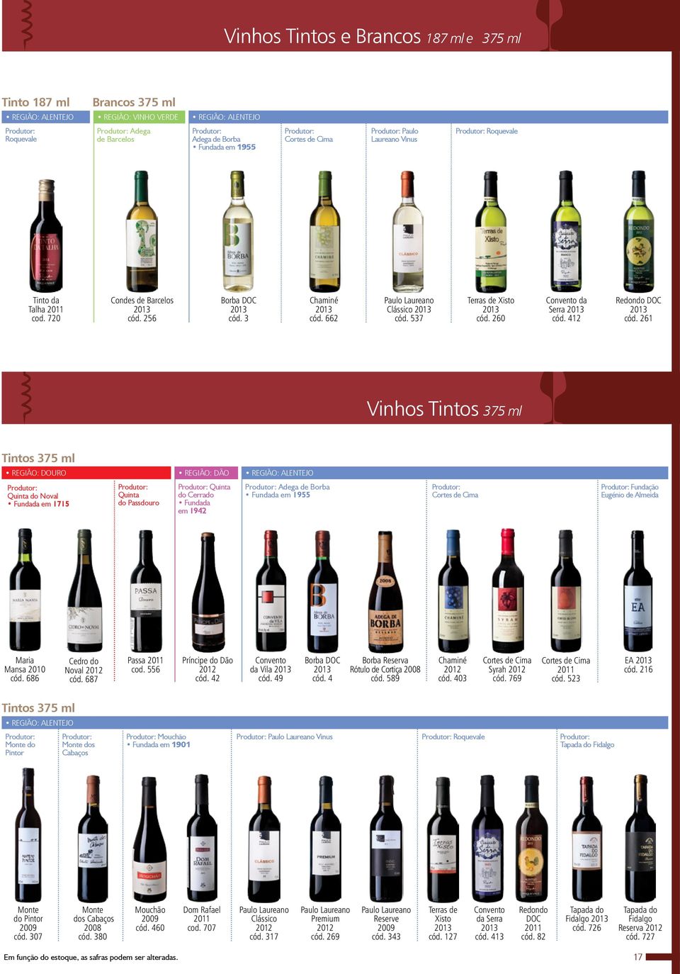 261 Vinhos Tintos 375 ml Tintos 375 ml REGIÃO: DÃO Fundada em 1715 Quinta do Passdouro Quinta do Cerrado Fundada em 1942 Adega de Borba Fundada em 1955 Cortes de Cima Fundação Eugénio de Almeida