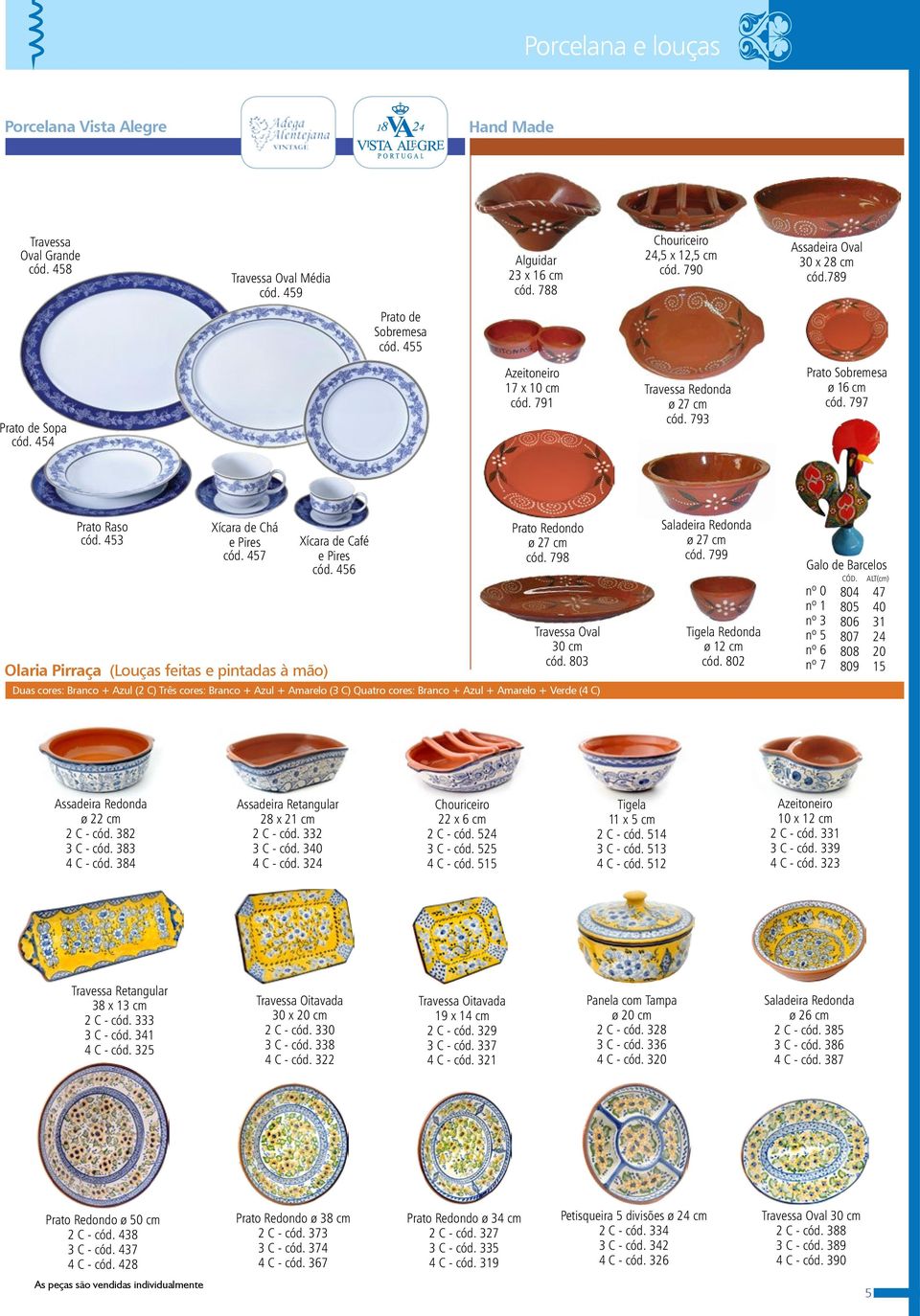 797 Prato Raso cód. 453 Xícara de Chá e Pires cód. 457 Olaria Pirraça (Louças feitas e pintadas à mão) Xícara de Café e Pires cód. 456 Prato Redondo ø 27 cm cód. 798 Travessa Oval 30 cm cód.