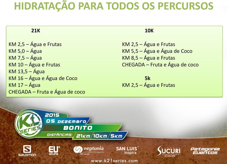 Água CHEGADA Fruta e Água de coco 10K KM 2,5 Água e Frutas KM 5,5 Água e