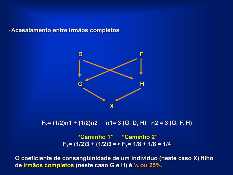 (1/2)3 => F X = 1/8 + 1/8 = 1/4 O coeficiente de consangüinidade de um