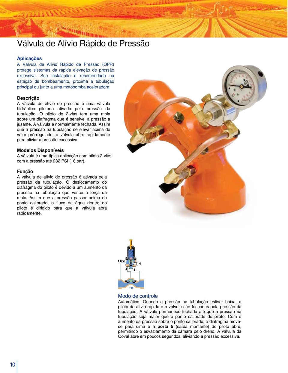 Descrição A válvula de alívio de pressão é uma válvula hidráulica pilotada ativada pela pressão da tubulação. O piloto de 2-vias tem uma mola sobre um diafragma que é sensível a pressão a jusante.