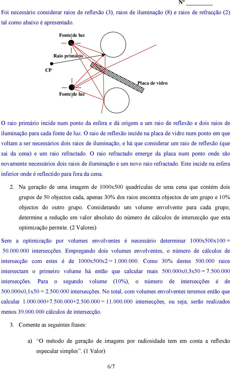 O raio de reflexão incide na placa de vidro num ponto em que voltam a ser necessários dois raios de iluminação, e há que considerar um raio de reflexão (que sai da cena) e um raio refractado.