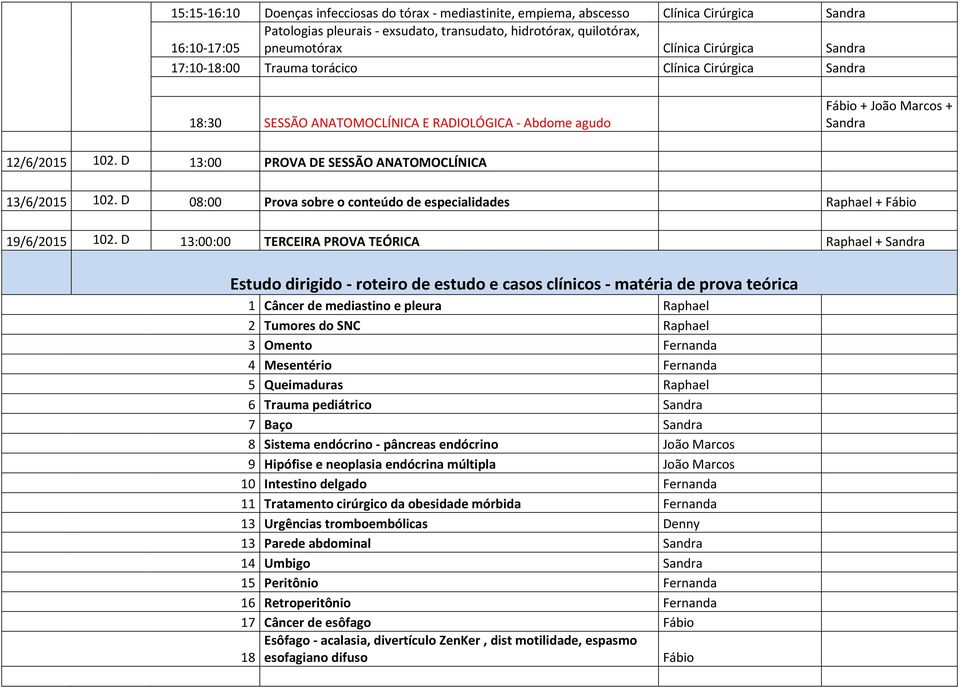 D 13:00 PROVA DE SESSÃO ANATOMOCLÍNICA 13/6/2015 102. D 08:00 Prova sobre o conteúdo de especialidades Raphael + Fábio 19/6/2015 102.