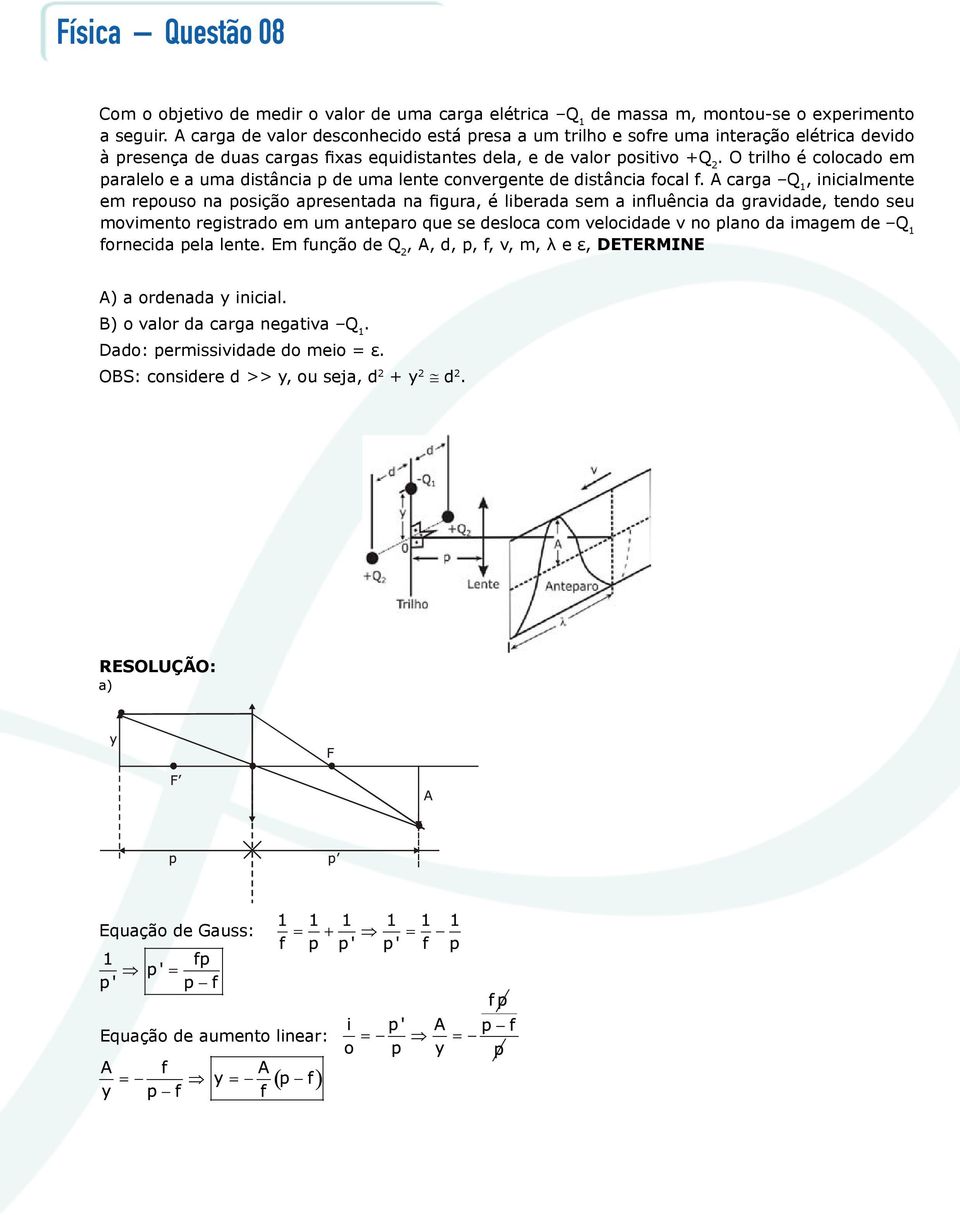 O trilho é colocado em paralelo e a uma distância p de uma lente convergente de distância focal f.