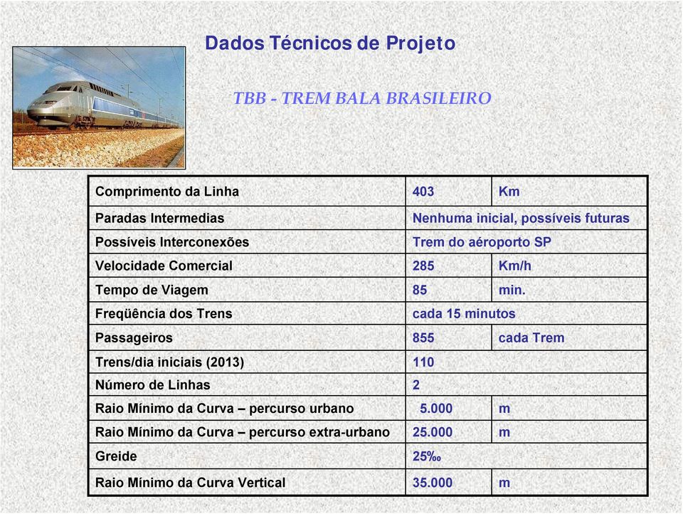 Freqüência dos Trens cada 15 minutos Passageiros 855 cada Trem Trens/dia iniciais (2013) 110 Número de Linhas 2 Raio