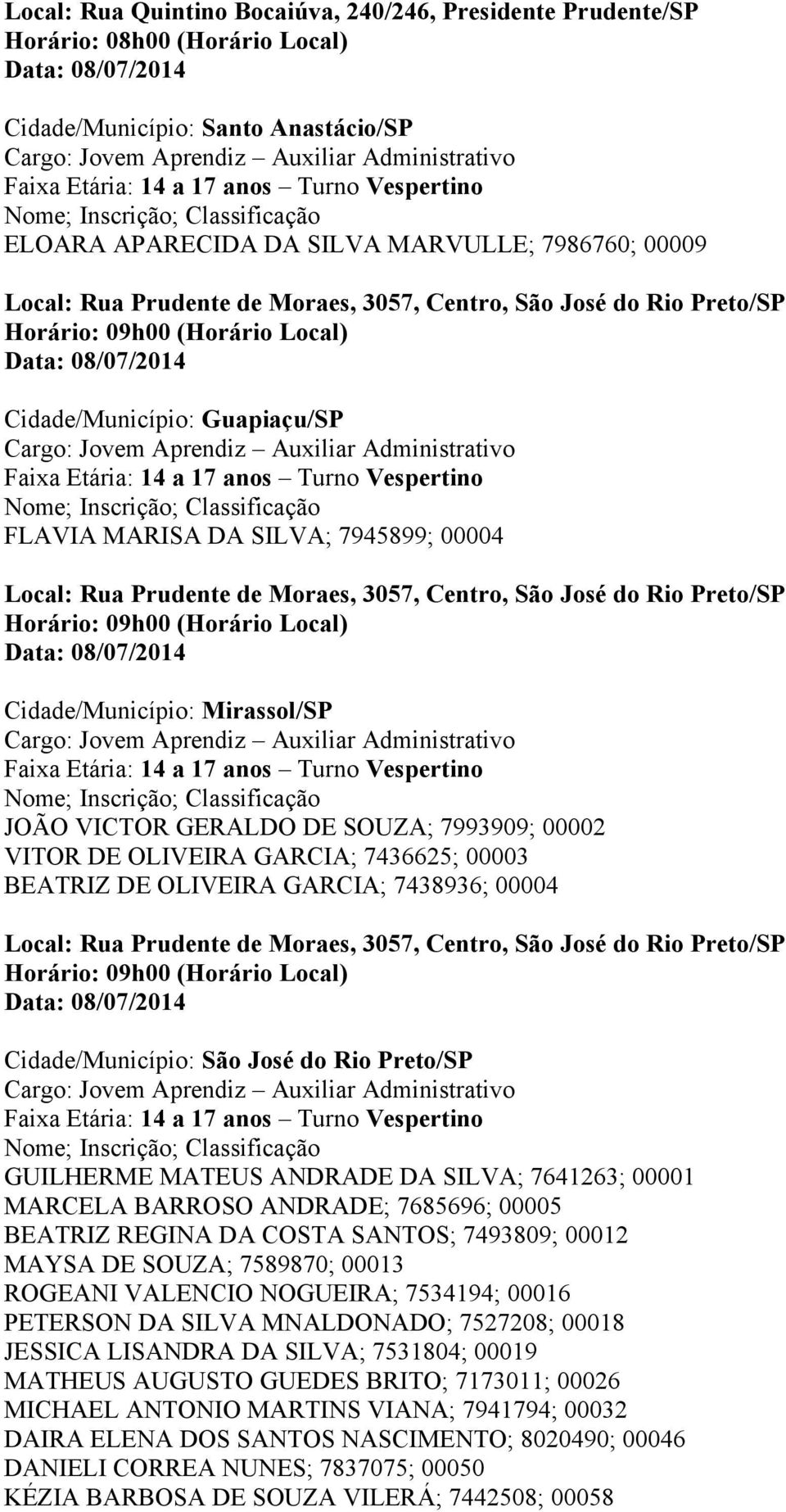 7641263; 00001 MARCELA BARROSO ANDRADE; 7685696; 00005 BEATRIZ REGINA DA COSTA SANTOS; 7493809; 00012 MAYSA DE SOUZA; 7589870; 00013 ROGEANI VALENCIO NOGUEIRA; 7534194; 00016 PETERSON DA SILVA