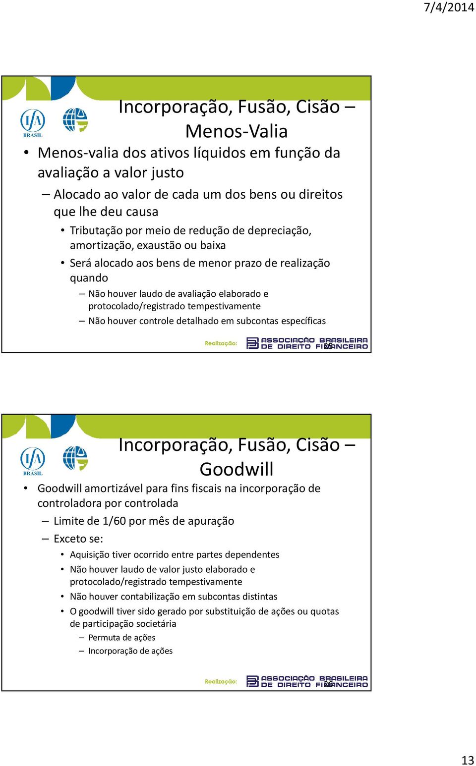 houver controle detalhado em subcontas específicas 25 Incorporação, Fusão, Cisão Goodwill Goodwill amortizável para fins fiscais na incorporação de controladora por controlada Limite de 1/60 por mês