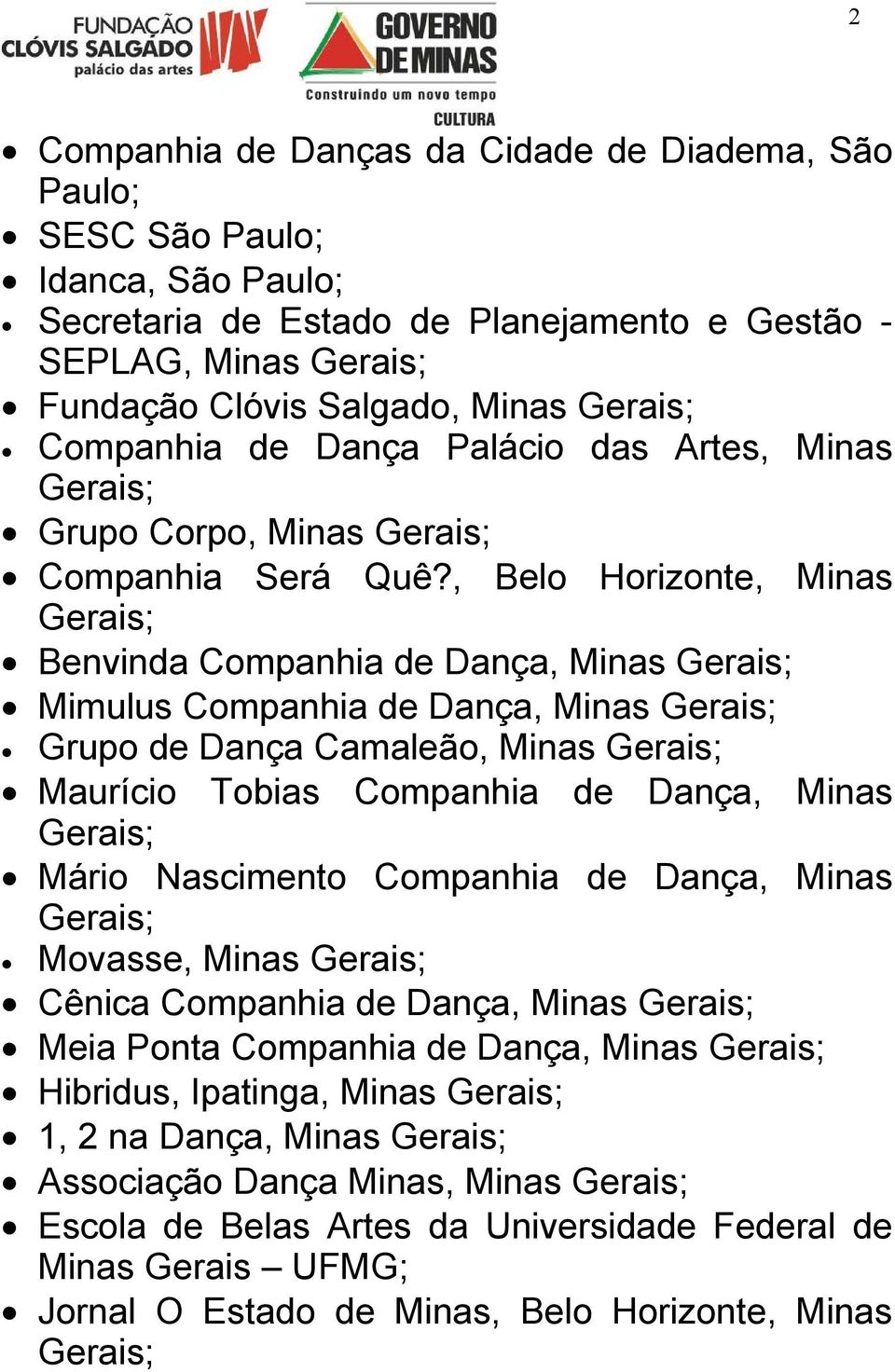 , Belo Horizonte, Minas Benvinda Companhia de Dança, Minas Mimulus Companhia de Dança, Minas Grupo de Dança Camaleão, Minas Maurício Tobias Companhia de Dança, Minas Mário Nascimento