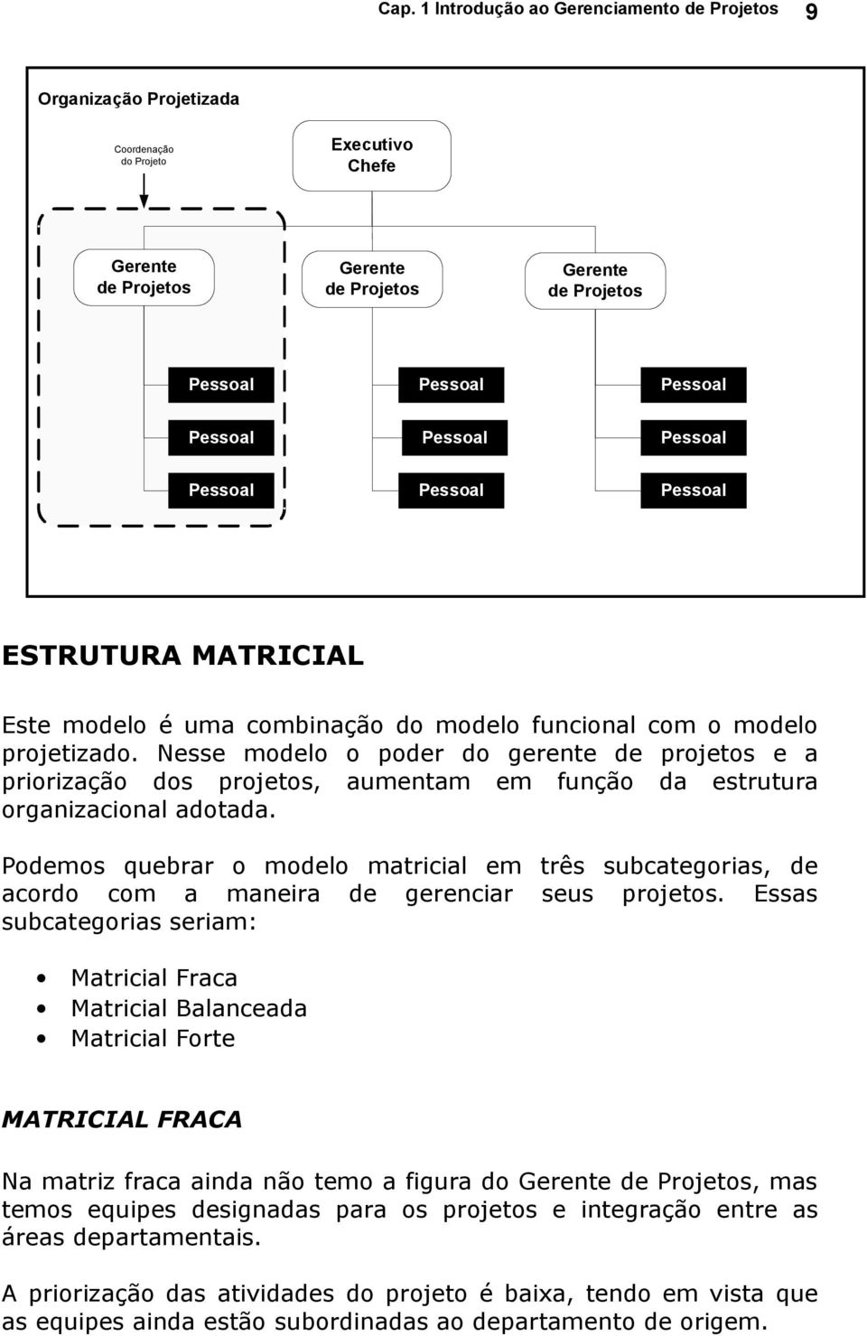 Podemos quebrar o modelo matricial em três subcategorias, de acordo com a maneira de gerenciar seus projetos.