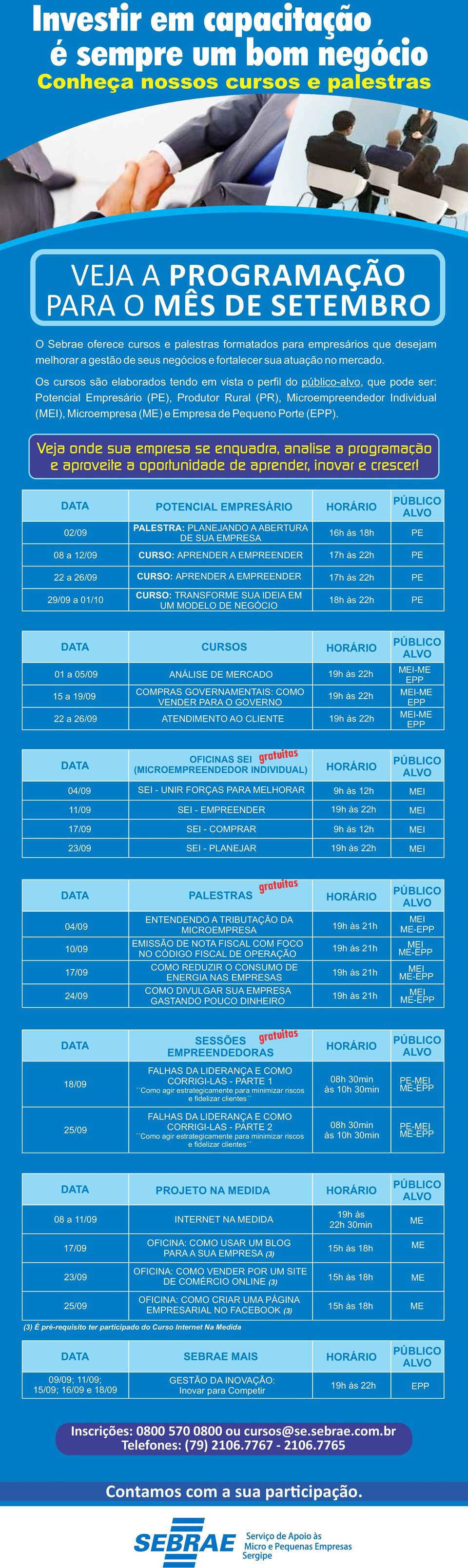 ATENDINTO AO CLIENTE - - - 04/09 SEI - UNIR FORÇAS PARA LHORAR 11/09 17/09 23/09 SEI - PLANEJAR 04/09 10/09 17/09 24/09 ENTENDENDO A TRIBUTAÇÃO DA MICROEMPRESA EMISSÃO DE NOTA FISCAL COM FOCO NO