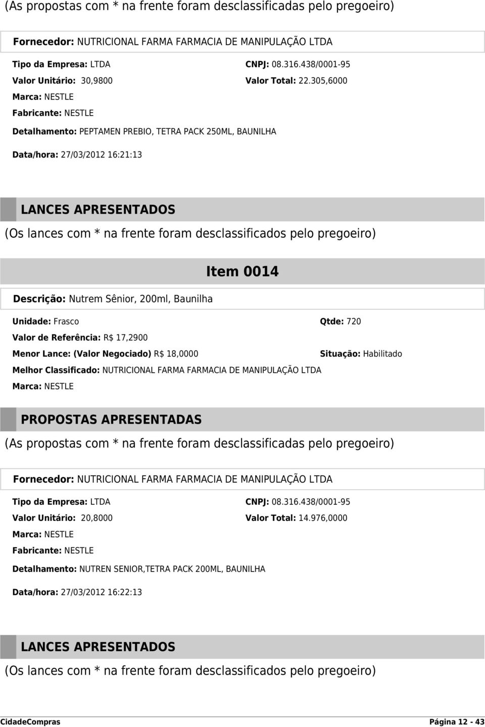 pregoeiro) Item 0014 Descrição: Nutrem Sênior, 200ml, Baunilha Unidade: Frasco Qtde: 720 Valor de Referência: R$ 17,2900 Menor Lance: (Valor Negociado) R$ 18,0000 Situação: Habilitado Melhor