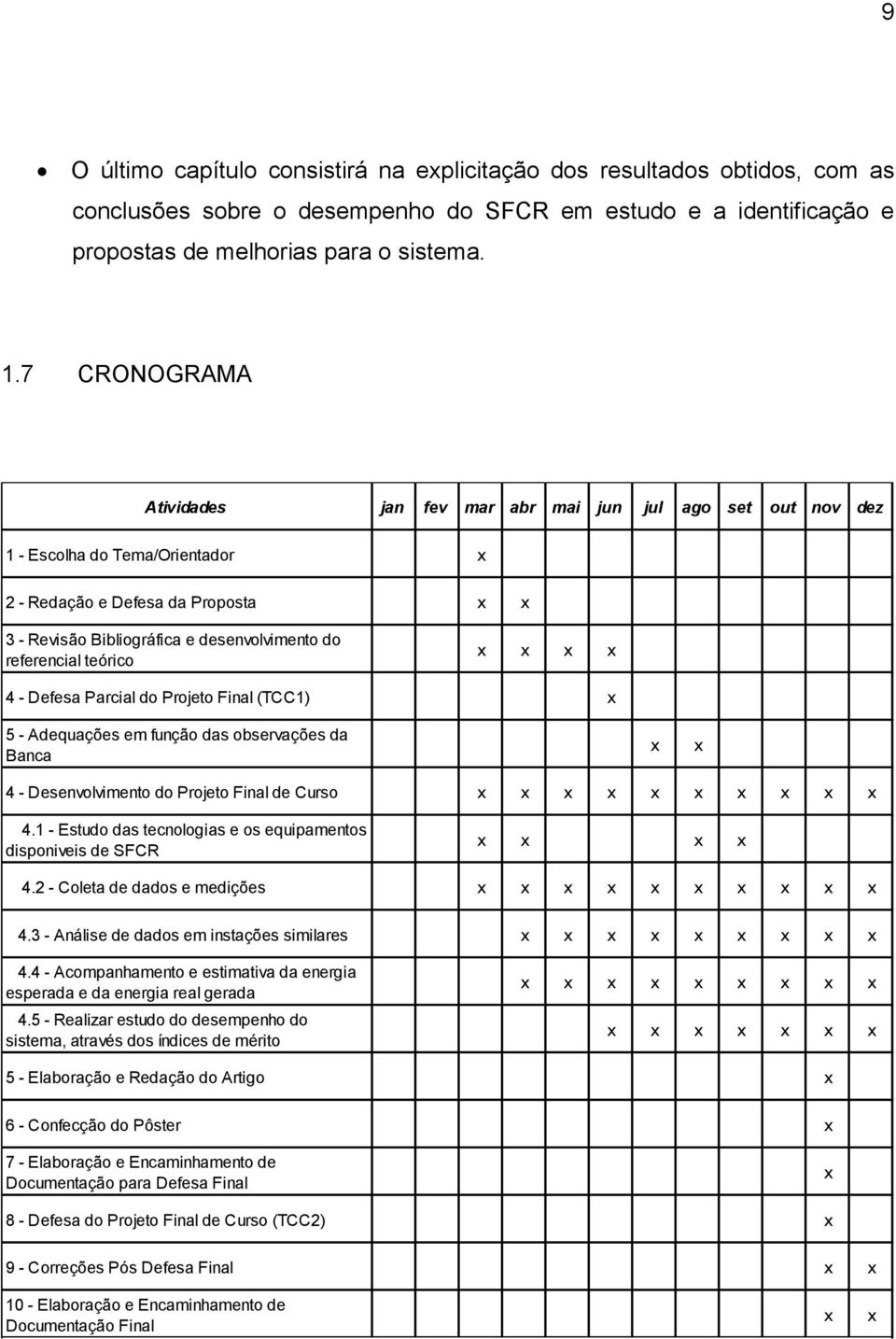 referencial teórico x x x x 4 - Defesa Parcial do Projeto Final (TCC1) x 5 - Adequações em função das observações da Banca x x 4 - Desenvolvimento do Projeto Final de Curso x x x x x x x x x x 4.